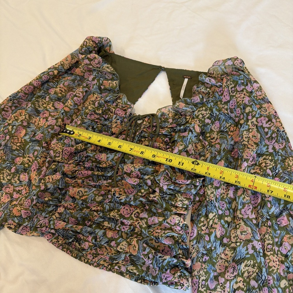 Free People Shirt Womens XS Green Floral Smocked Mabel Puff Sleeve Boho Top - Picture 5 of 7